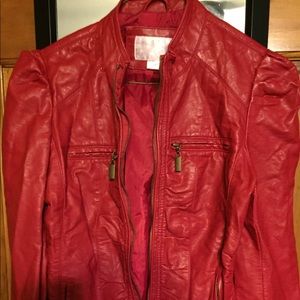 Red faux leather jacket.